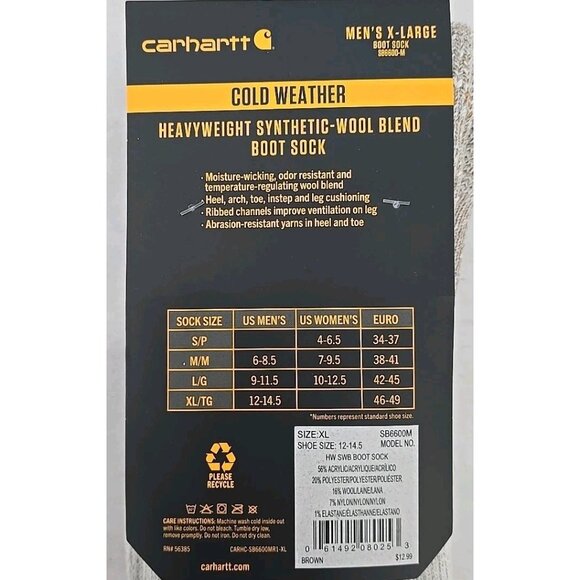Carhartt Boot Socks Mens XL 12-14½ Brown Heavyweight Synthetic Wool Blend Pair - Picture 4 of 6